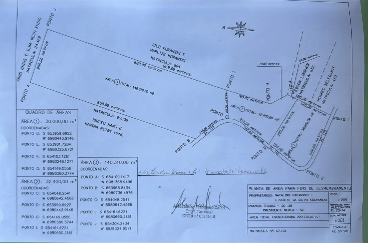 Croqui da área de 3 hectares em Itaquá, Presidente Nereu/SC