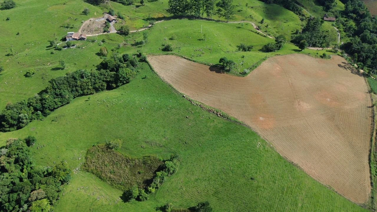 Vista aérea das pastagens, da área aberta e das construções ao fundo